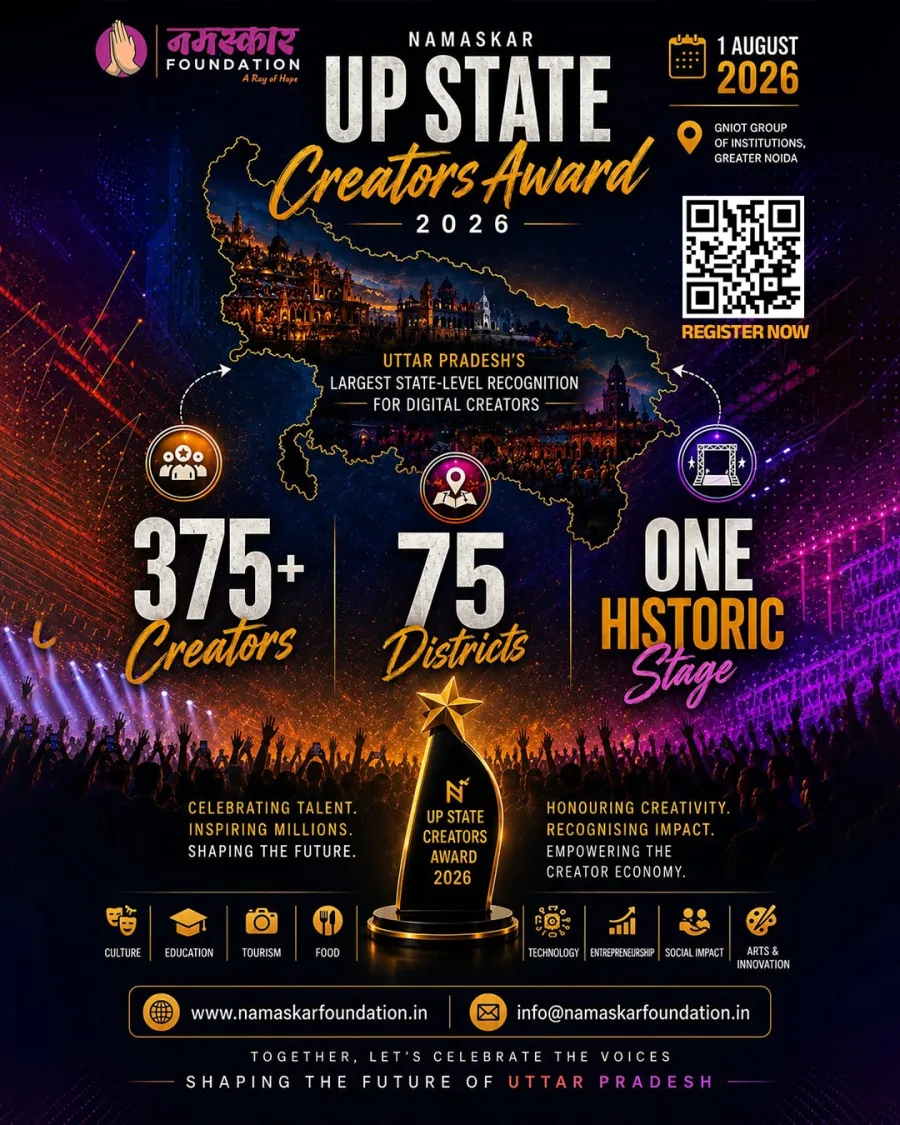 Namaskar UP State Creators Award 2026 poster — 1 August 2026, GNIOT Greater Noida